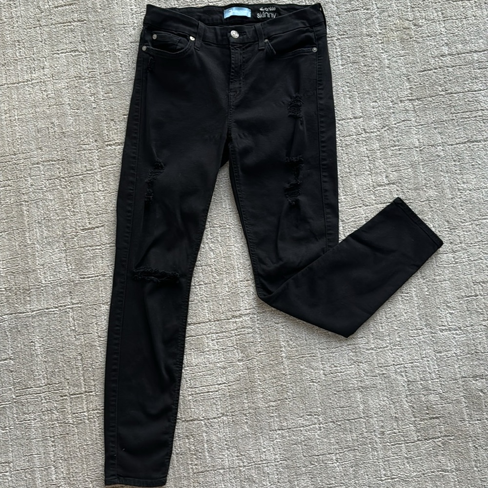 7 for All Mankind Blair Denim The Skinny Ankle Jean Black Distressed Sz 29